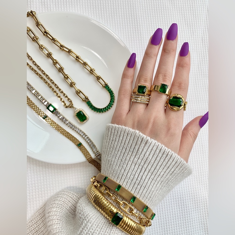 18k Gold Plated Over Stainless Steel Bangle - Emerald - Picture 4 of 5